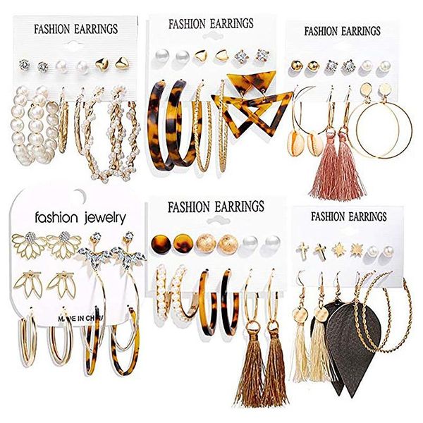 

hoop & huggie 36 pairs fashion tassel earrings set for women girls bohemian acrylic stud drop dangle earring leather leaf bi, Golden;silver