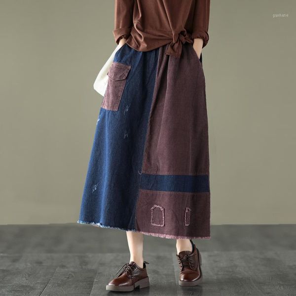 

new autumn retro skirts women 2020 patchwork skirt elastic waist women's a-line skirt1, Black
