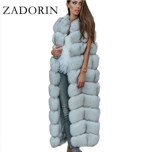 

zadorin luxury 10 steps women x- long faux fox fur vest furry soft fur jacket plus size thick warm vintage overcoat streetwear 201027, Black