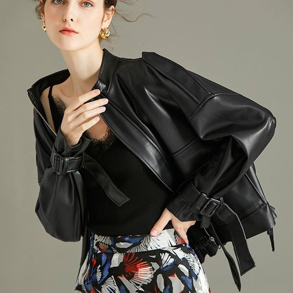 

2021 new female black fall short in false soft leather pocket jacket u7uz