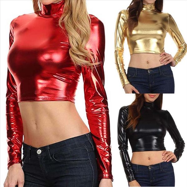

ladies metallic liquid t shirt party mock turtleneck leather long sleeve cropped shirt for women streetwear, White