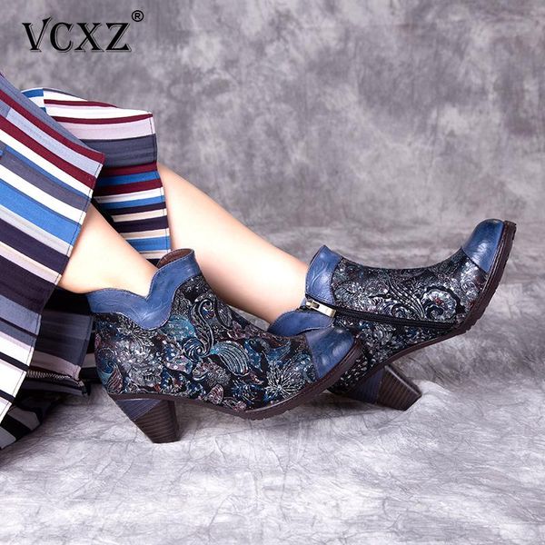 

boots vcxz 2021 genuine leather embossing platform boot women shoes four seasons zip round toe mixed colors ankle, Black