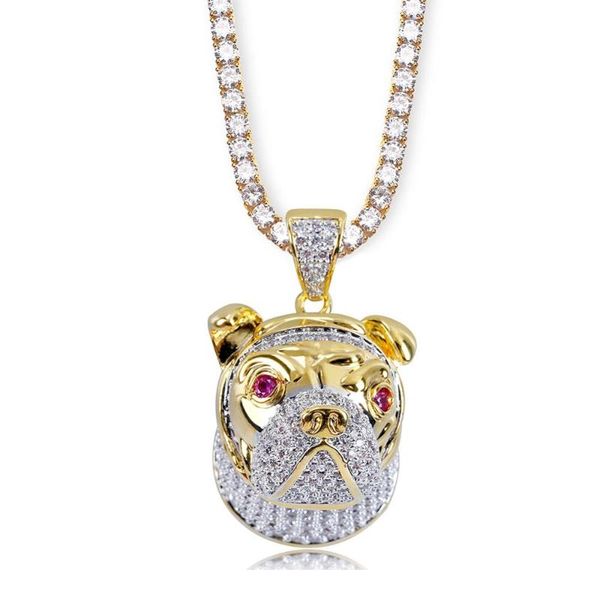 

hip hop pet dog head pendant necklace gold silver color micro pave cubic zirconia charm jewelry men women's gift tennis chain