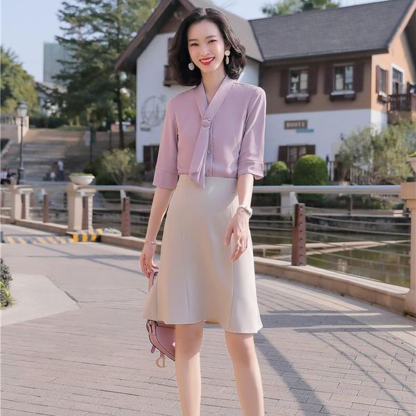

fashion women blouses & shirts half sleeve v-neck ladies 2 piece skirt and set work wear clothes, White