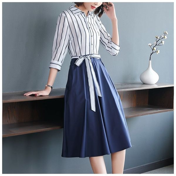 

spring summer women dress elegant patchwork striped shirt dress office ladies fashion slim bandage tunic, Black;gray