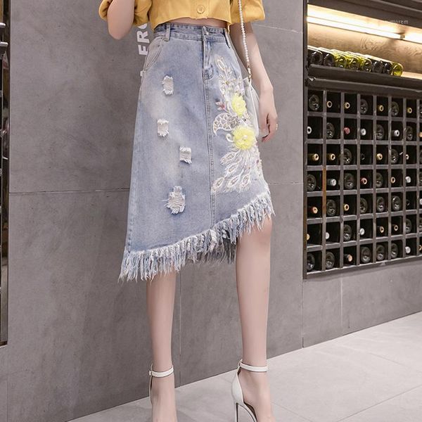 

skirts high street non-symmetrical ripped tassel a-line denim skirt women fashion flower appliques waist 2021 midi1, Black