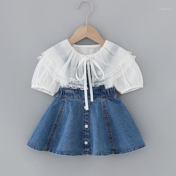

baby girls sweet lace lapel short-sleeve shirt + pockets denim dress princess 2pcs suit kids baby girl cloths1, White