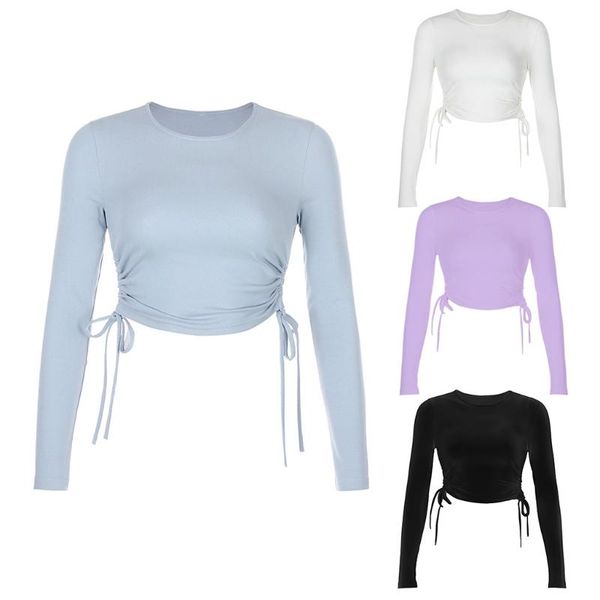 

womens autumn long sleeve o-neck t-shirt ruched side drawstring bandage crop solid color bodycon slim fitted pullover tee st, White