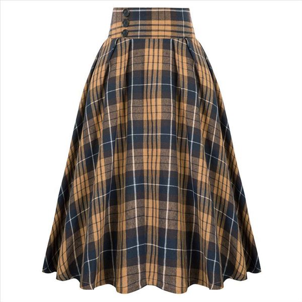 

skirts lady women elastic waist plaid skirt high waist cotton buttons swing mid-calf casual skater a-line skirts, Black