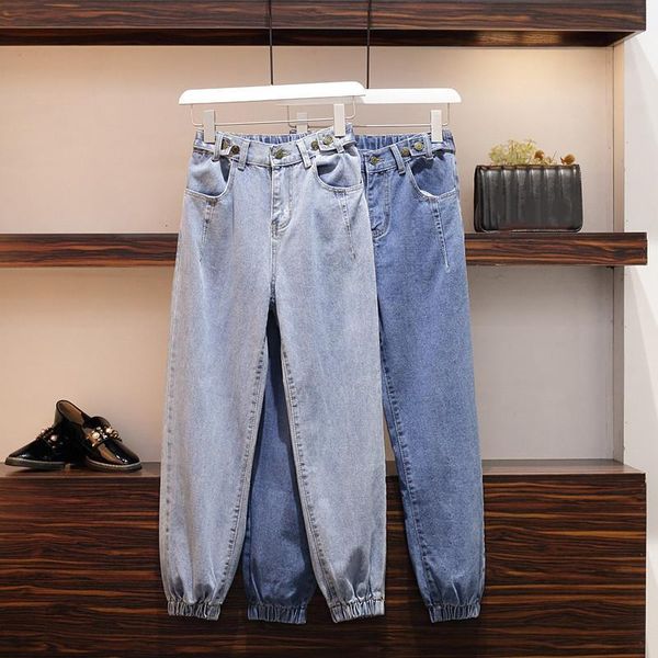 

large size women's jeans 2020 autumn new loose high waist elastic ankle-length denim pants ladies beam feet hallen jeans 5xl 195, Blue