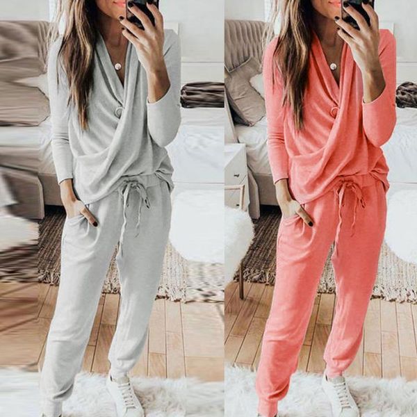 

2pcs women tracksuit solid color pants sets leisure wear lounge wear suit, Gray