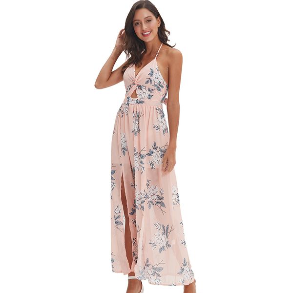 

woman floral print dress long loose spaghetti strap split bohemia dress summer holiday long floral dress summer a0783, Black;white