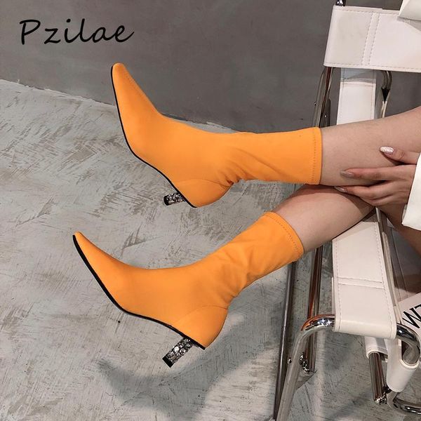 

boots pzilae 2021 autumn fashion women pointed toe stretch ankle crystal heels shoes female socks ladies 1, Black