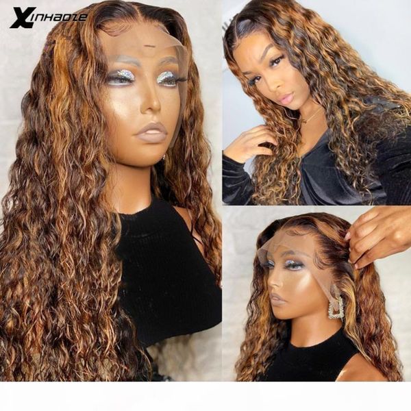 

выделите парик ombre цвет коричневый honey blonde wig волна воды 13x6 малазийский шелкового base 5 * 5 человеческих волос парики 150% плотно, Black;brown
