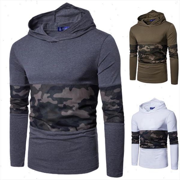 

fashionable t shirt brand mens long sleeve hooded casual t shirt comfortable streetwear camouflage splicing hooded drop shipping, Black