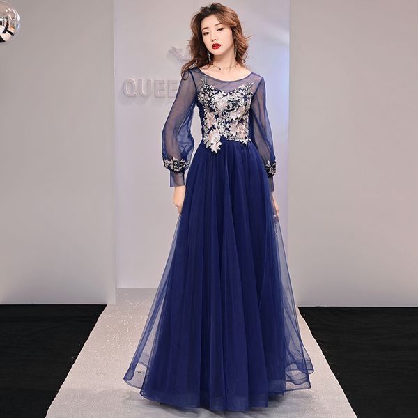 

Robe De Soiree 2021 Navy Blue Full Sleeves Tulle Vestido De Festa Scoop Neck Appliques Formal Evening Dresses Elegant Prom Gowns, Wine red