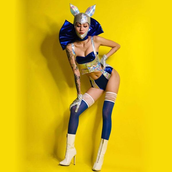 

stage wear bar club party lady cosplay costume blue holographic bikini large bow collar headgear outfit dance team show, Black;red