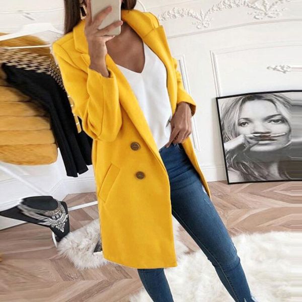 

women double-breasted slim woolen coat warm long sleeve turn-down collar outwear jacket autumn winter casual elegant overcoat1, Black