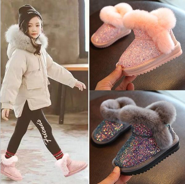 

baby 2020 children's snow girls cotton rabbit fur martin sport shoes sequins genuine leather princess boots, Black;red