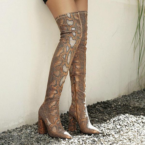 

boots pu leather women over the knee fashion pointed toe square heel ladies long leopard stretch, Black