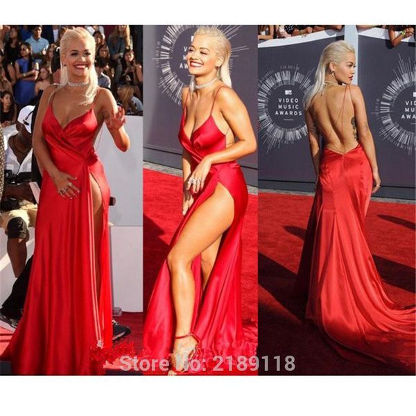

new rita ora spaghetti traps sweetheart high slit red satin a line backless celebrity dresses women special occasion gowns1, Black