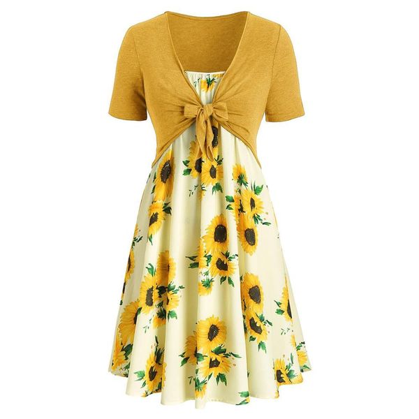 

fashion summer women short sleeve bow knot bandage sunflower print mini dress suits ladies beach vestidos for 2019, Black;gray