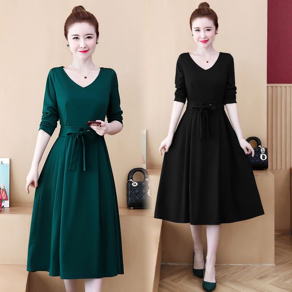

womens plus size dressed in cleavage v green autumn a-line skater thin belt long sleeve dress 90cg, Black;gray