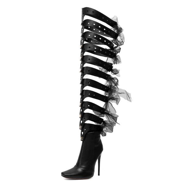 

super high stiletto over-the-knee boots pointed belt spring and summer cool boots autumn nightclub performance women's boot, Black
