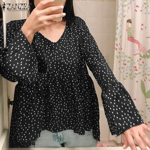 

zanzea women v neck polka dot high low shirt summer bohemian flare sleeve blouse pleated vintage blusas robe femme tunic, White