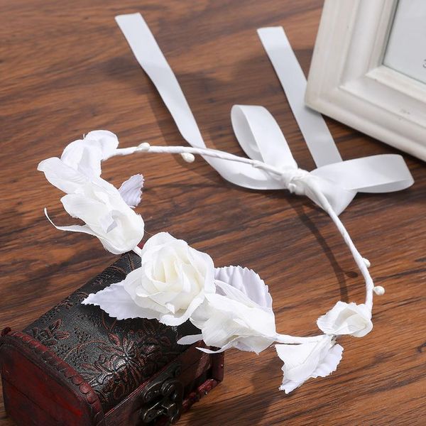 

haimeikang kids irregular faux white rose flower headband pearl wrist flower girls bridal wedding wreath crown h qylaiy