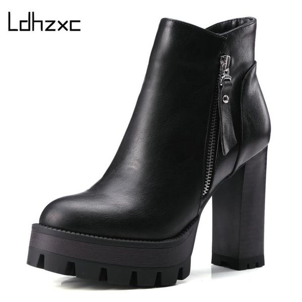 

ldhzxc 2020 high heel ankle boot women round toe pu leather western style women shoes square motorcycle boot size 34-42, Black