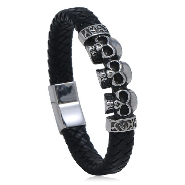 

accessories stainless steel skull leather bracelet woven men's titanium steel jewelry imitation leather bracelet, Silver