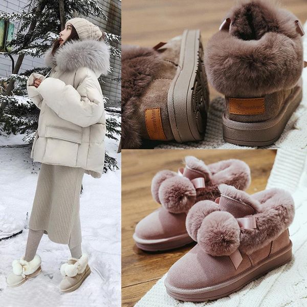 

ball snow boots women's new winter 2020 plush thermal cotton shoes flat bottom thickened fashion short tube bread shoes, Black