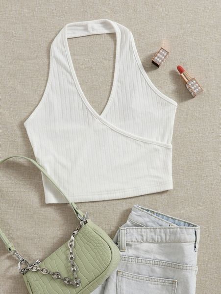 

open back rib-knit halter o9zu#, White
