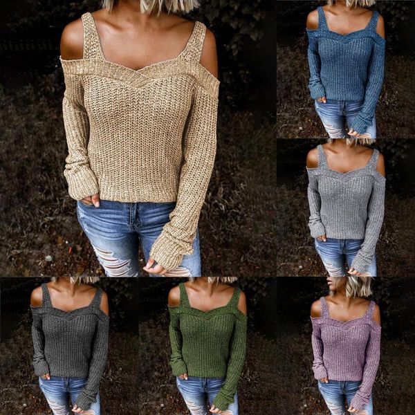 

women's sweaters casual spaghetti strap female sweater off shoulder long sleeves v neck knitted pullover spring autumn women, White;black