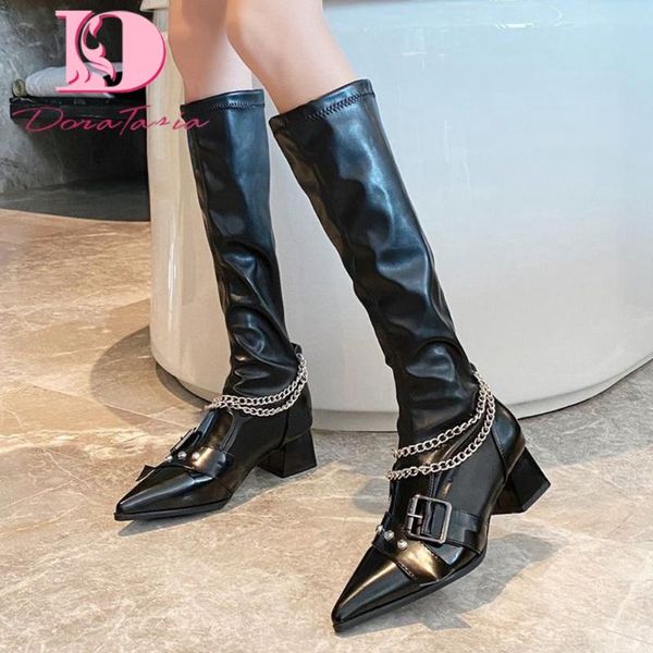 

boots doratasia fashion female chunky heels pointed toe buckle chain women 2021 daily casual autumn shoes woman, Black