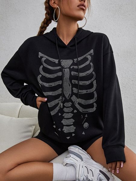 

rhinestone skeleton drawstring hoodie n144#, White;black