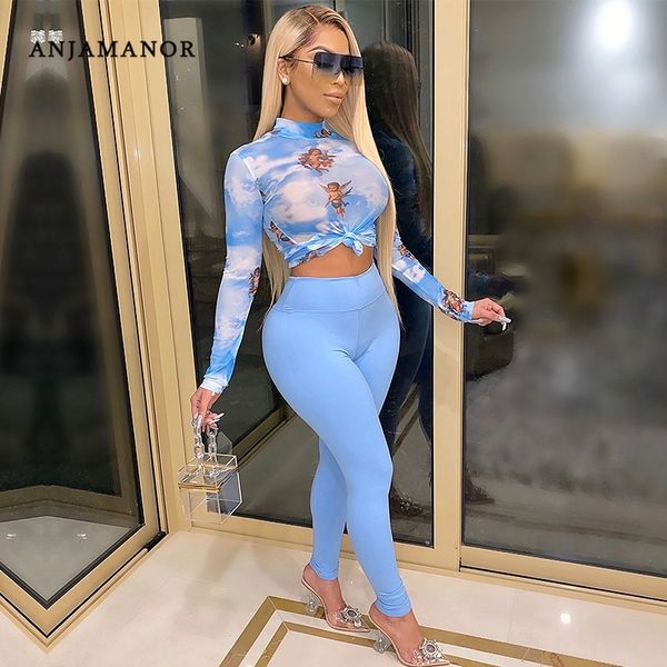 

anjamanor angel print long sleeve crop and pants two piece set fall women clothing club outfits jumpsuit d57-da30 201007, Black;white