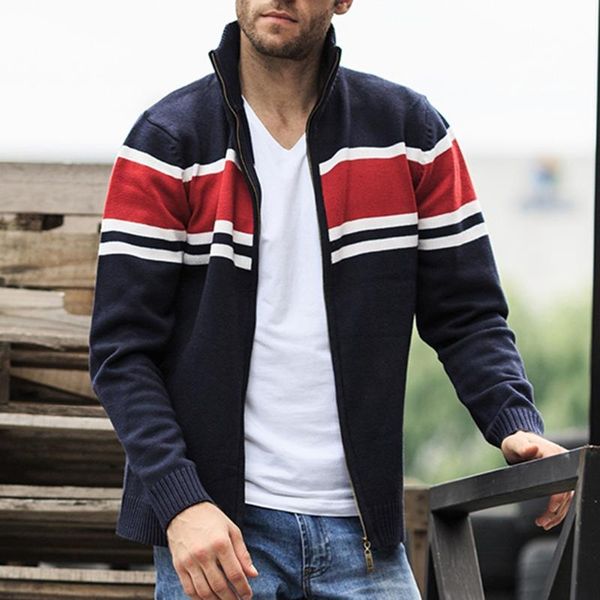 

vogue chaqueta hombre jacket men tide autumn patchwork knitted cardigan sweater fashion zipper baseball coat, Black;brown