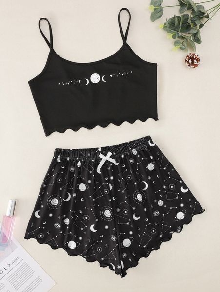 

plus galaxy print scallop detail lettuce trim pj set h1ss#, Black;white