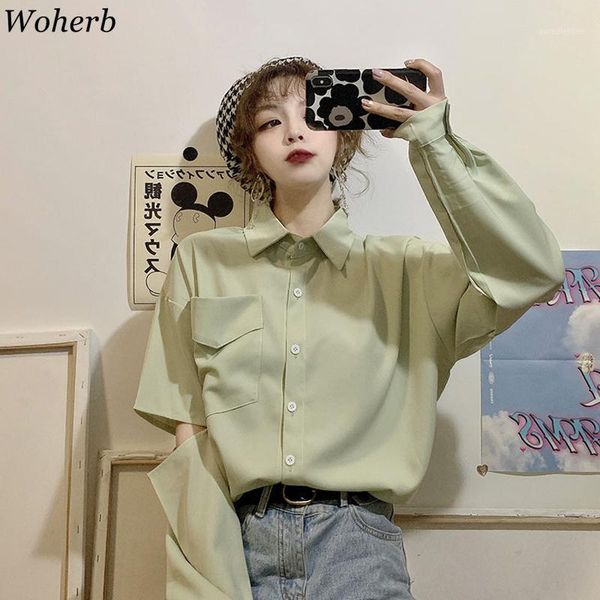 

woherb ladies casual green white split sleeve blusas women solid and blouse 2020 spring summer workwear elegant blouses1