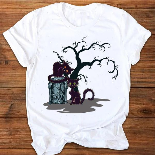 

women graphic cartoon cat witch letter fall autumn halloween printing print clothes lady tees female t shirt womens t shirt, White