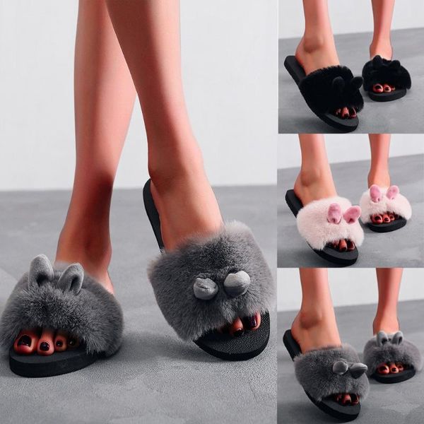 

slippers 20# women indoor ear slip-on open toe flat warm winter slipper shoes flip flops sandalias mujer 2021, Black