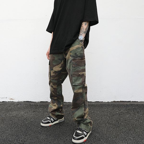 

custom label trousers for men drop ship men streetwear stock camo cargo flare trousers pants