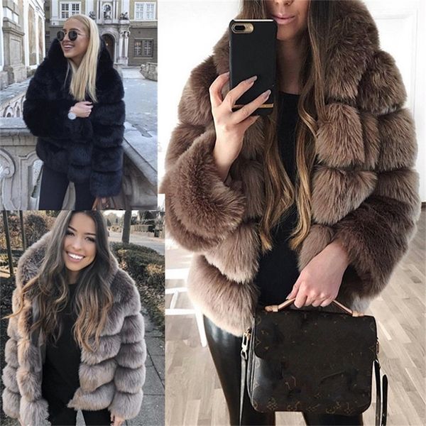 Novo estilo espesso pele quente faux peles inverno outwear mulheres preto marrom escuro cinza fino curto plus size casaco de couro falso e jaqueta 201212