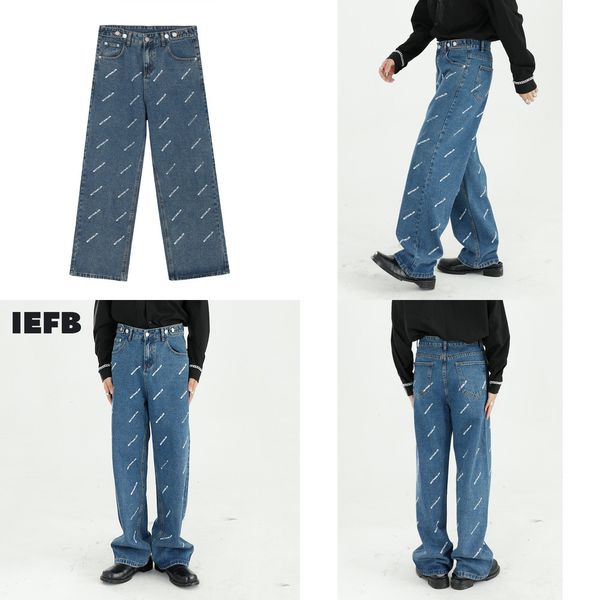 

iefb men's wear 2021 new letter printed korean streetwear fashion straight adjustable waist blue jeans casual denim trousers q0105, Black;white