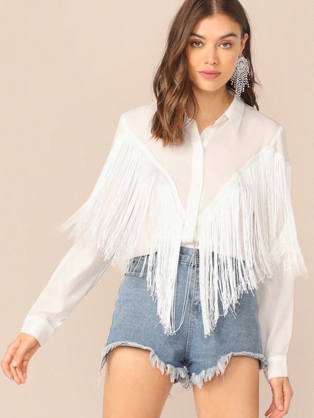 

chevron fringe trim shirt s0mq#, White