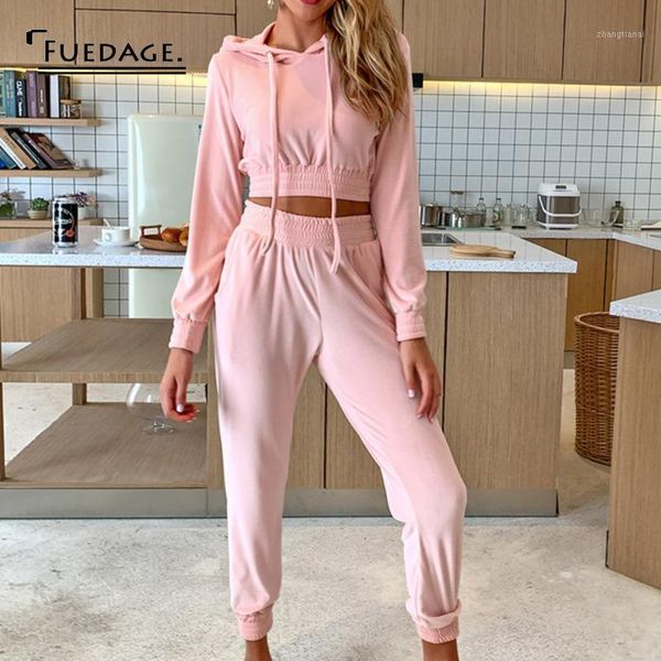 

fuedage hooded pink two piece set women crop and pants long sleeves drawstring autumn 2 piece set pockets casual street suit1, Gray