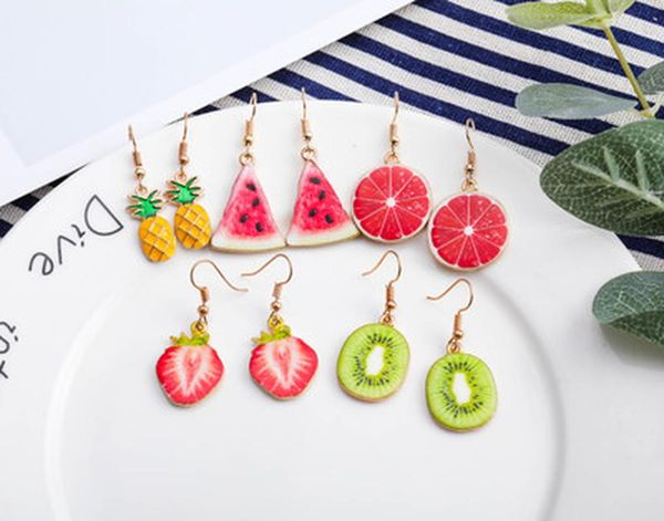 

korea new cute fruit lady earrings strawberry pineapple tomato kiwi orange cucumber dragon apple pineapple girl fruit earrings, Silver