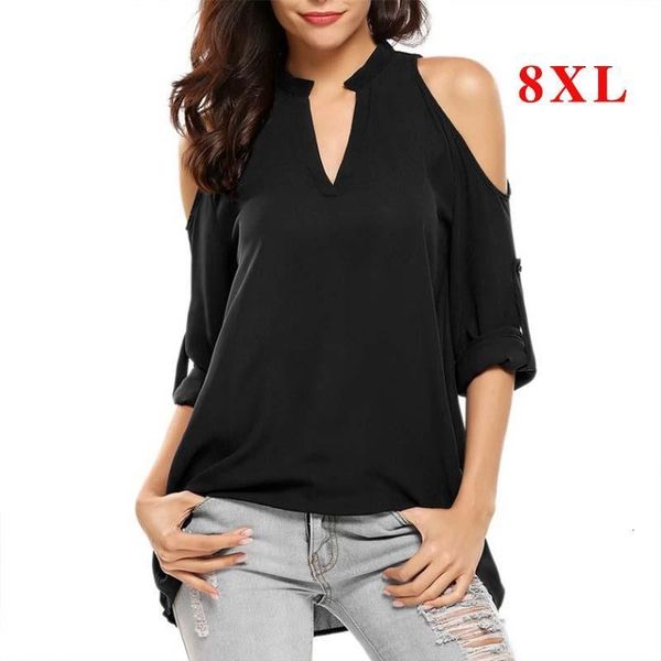 

plus size 8xl blouses woman v neck 2021 off shoulder summer women and blouse long sleeve chiffon blouses female v, White
